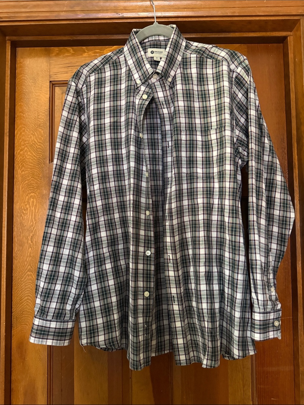 Haggar Men's White, Green, Tan, and Black Plaid Button-Down Shirt